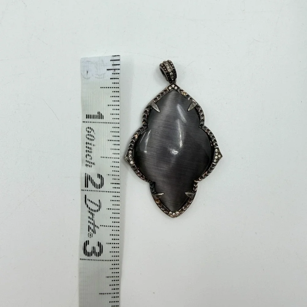 Gray Cat Eye Glass Cabochon Silver Tone Rhinestone Gothic Pendant Statement